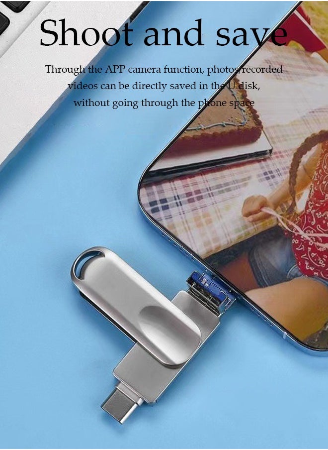 DUNISO - Flash drive, USB 3.0 pen drive, Type C multifunctional metal memory stick, four in one full interface, 360 ° rotatable, 64GB, suitable for Apple phones, tablets, TypeC interface, Android phones with OTG function (silver) - Image 1