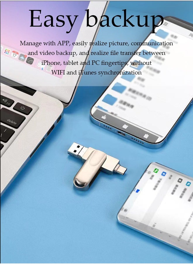 DUNISO - Flash drive, USB 3.0 pen drive, Type C multifunctional metal memory stick, four in one full interface, 360 ° rotatable, 64GB, suitable for Apple phones, tablets, TypeC interface, Android phones with OTG function (silver) - Image 1