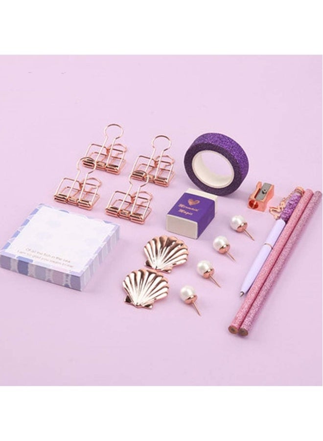 Cute stationery set ballpoint pens pencils pencils washi tape eraser pearl pins sticky notes notepad rose gold flipchart purple mermaid office desk supplies - Image 4