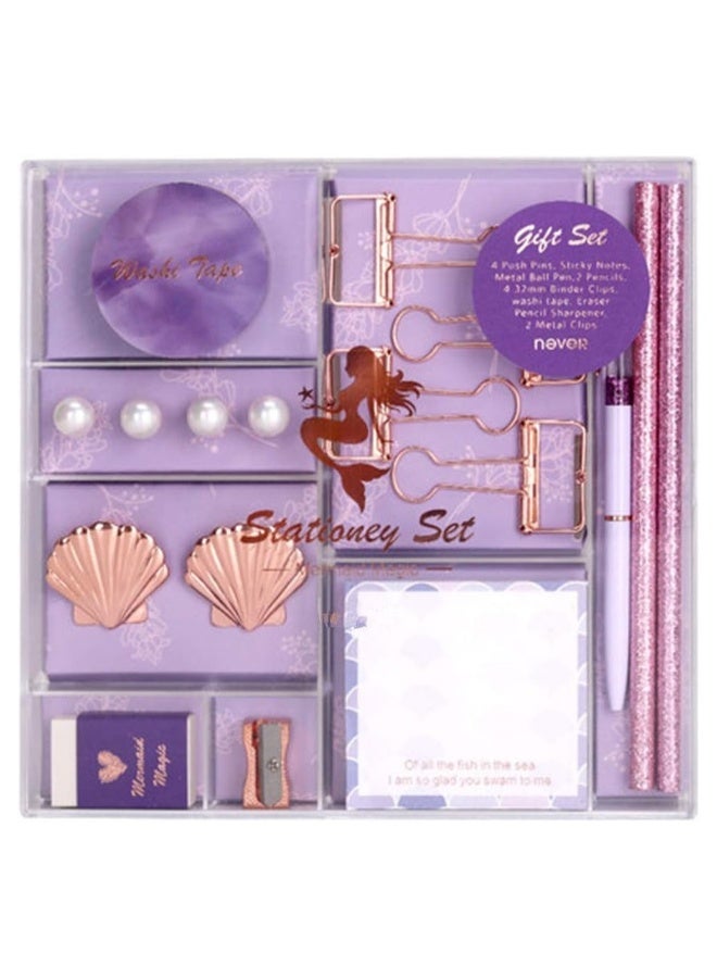 Cute stationery set ballpoint pens pencils pencils washi tape eraser pearl pins sticky notes notepad rose gold flipchart purple mermaid office desk supplies - Image 1