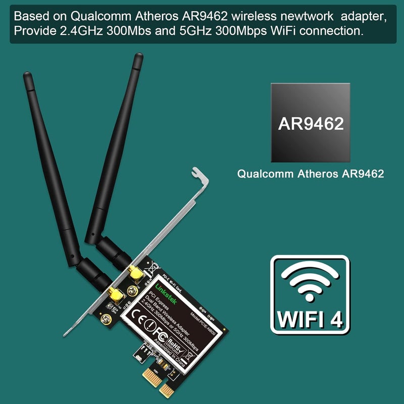 LinksTek Wireless N 600Mbps (2.4GHz 300Mbps and 5GHz 300Mbps) PCIE WiFi Adapter, PCIE WiFi Card, QUALCOMM Atheros AR946X Wireless Network Adapter for Windows 10 8.1 8 7 XP Desktop PCs (PCIE-N600) - Image 2
