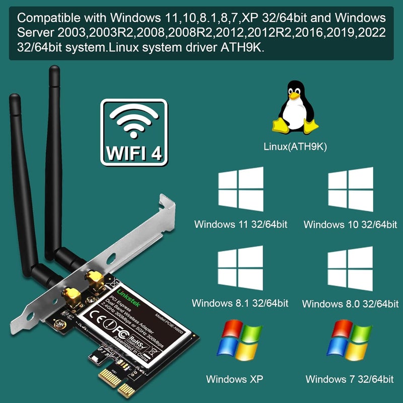 LinksTek Wireless N 600Mbps (2.4GHz 300Mbps and 5GHz 300Mbps) PCIE WiFi Adapter, PCIE WiFi Card, QUALCOMM Atheros AR946X Wireless Network Adapter for Windows 10 8.1 8 7 XP Desktop PCs (PCIE-N600) - Image 4