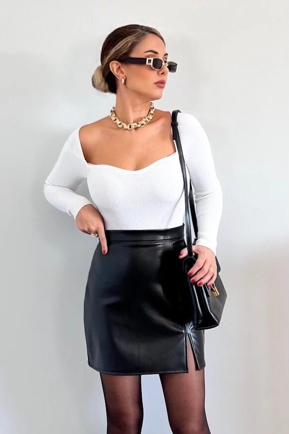 Ritnice Women's Lena Black Slit Leather Skirt