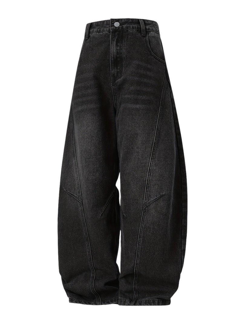 Men'S Fashion New Spring And Autumn Washed Vintage-Style Black Denim Pants with a Unique Curved Design And Loose Straight Fit - Image 1
