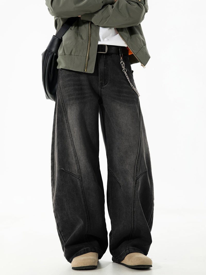 Men'S Fashion New Spring And Autumn Washed Vintage-Style Black Denim Pants with a Unique Curved Design And Loose Straight Fit - Image 3
