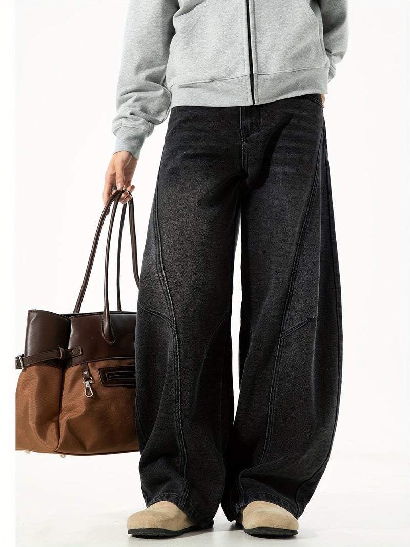 Men'S Fashion New Spring And Autumn Washed Vintage-Style Black Denim Pants with a Unique Curved Design And Loose Straight Fit - Image 4
