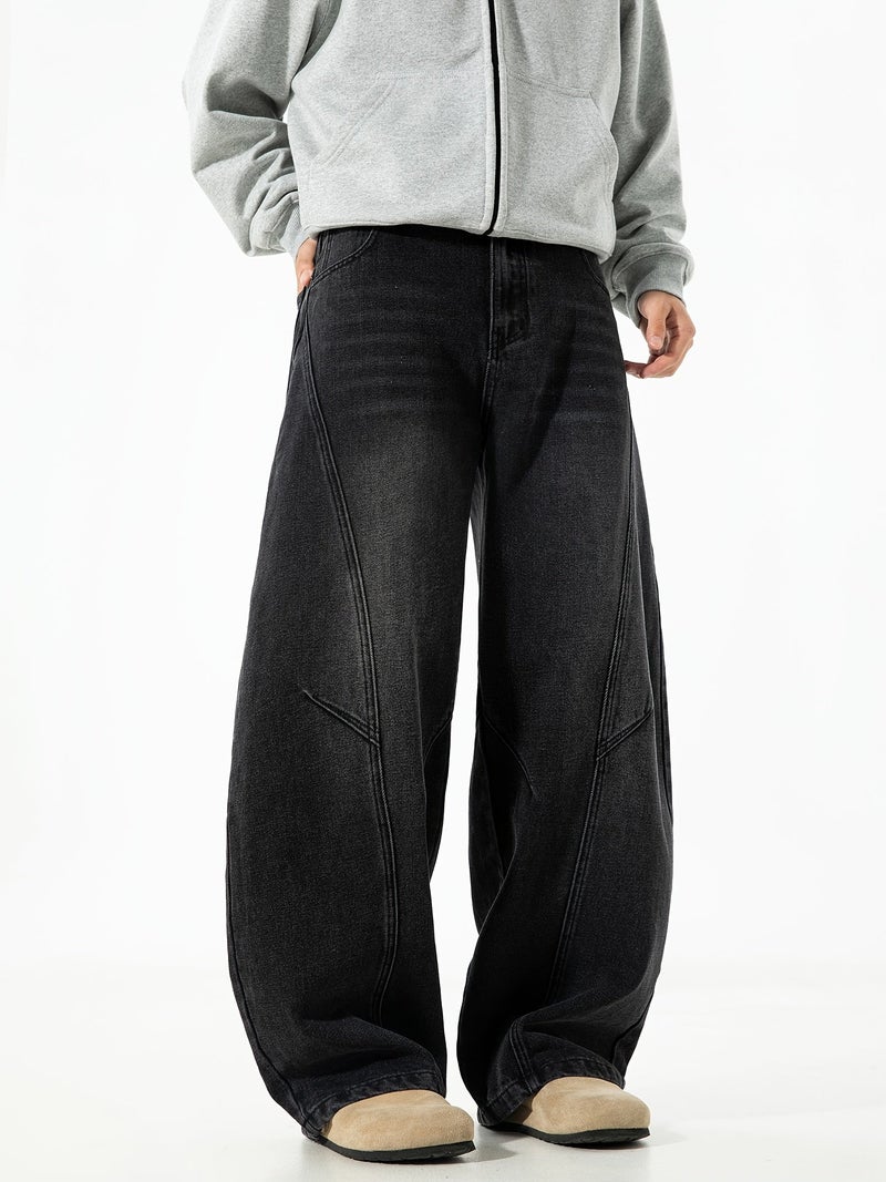Men'S Fashion New Spring And Autumn Washed Vintage-Style Black Denim Pants with a Unique Curved Design And Loose Straight Fit - Image 5