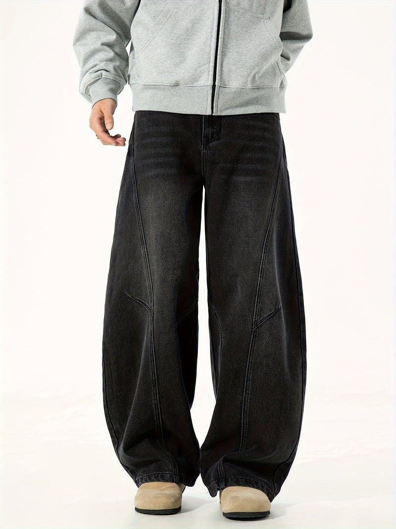 Men'S Fashion New Spring And Autumn Washed Vintage-Style Black Denim Pants with a Unique Curved Design And Loose Straight Fit - Image 2