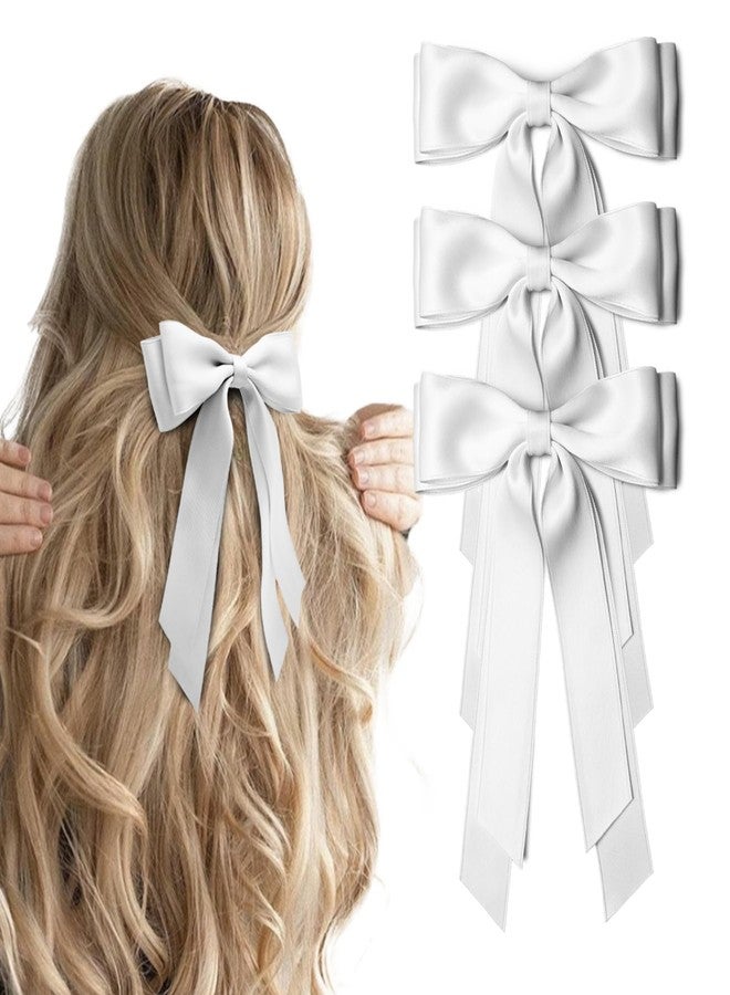 TULOBI 3Pcs White Large Hair Bows Alligator Clip 7.8" Solid Satin Polyester Ribbon Bow Hair Clips Ponytail Hair Barrettes with Long Tail Wedding Dress Decor Accessories for Women Toddler Teen Girls - Image 1