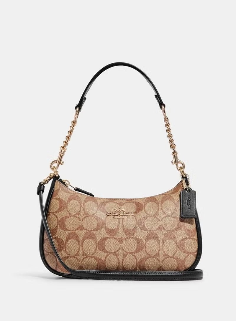 كوتش اوت ليت حقيبة كتف نسائية من Coach Teri مصنوعة من قماش مميز، حقيبة يد نسائية، حقيبة هوبو نسائية، حقيبة توت نسائية، حقيبة سفر نسائية، لون كاكي-أسود 24 سم - Image 1