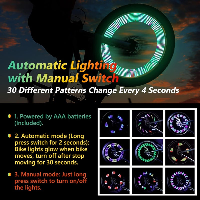 DAWAY LED Bike Wheel Lights - A12 Waterproof Cool Bicycle Tire Light, Safety Spoke Lights for Kids Boys Girls Men Women, 30 Fun Bright Patterns, Auto & Manual Dual Switch, with Battery - Image 2