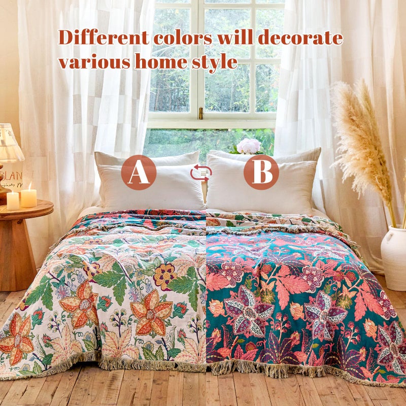 MSGKV Boho Throw Blanket for Bed Twin Size 100% Cotton Floral Blanket 60"x80" Lightweight Farmhouse Muslin Spring Breathable Couch Blankets Home Decor All Seasons - Image 3