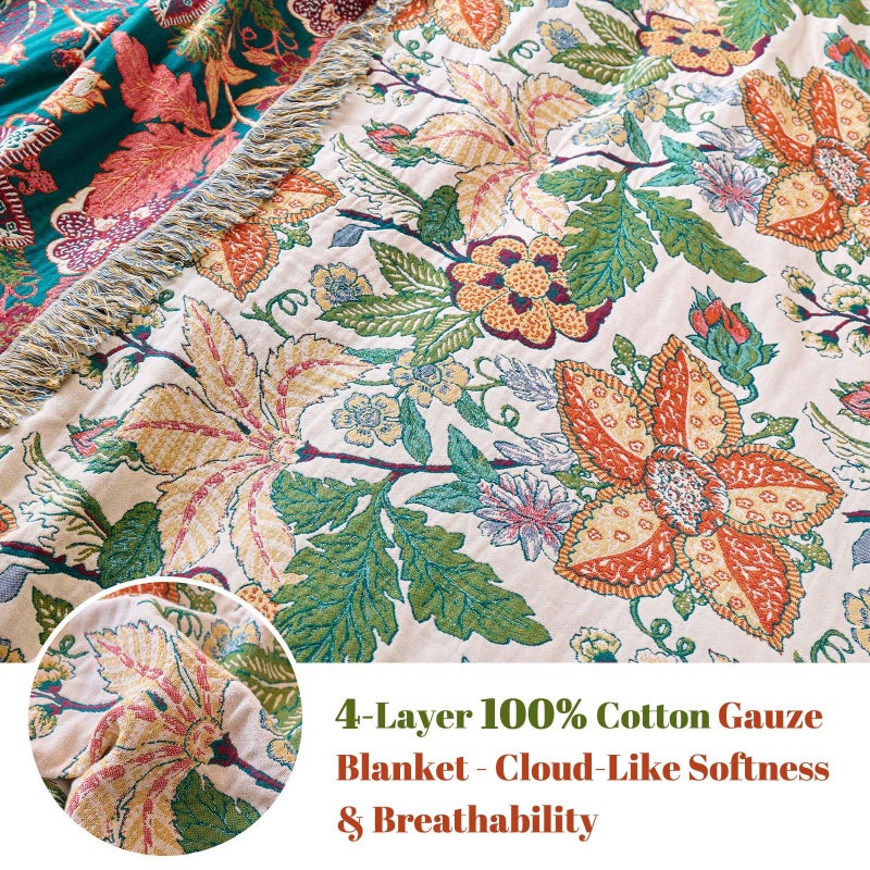MSGKV Boho Throw Blanket for Bed Twin Size 100% Cotton Floral Blanket 60"x80" Lightweight Farmhouse Muslin Spring Breathable Couch Blankets Home Decor All Seasons - Image 4