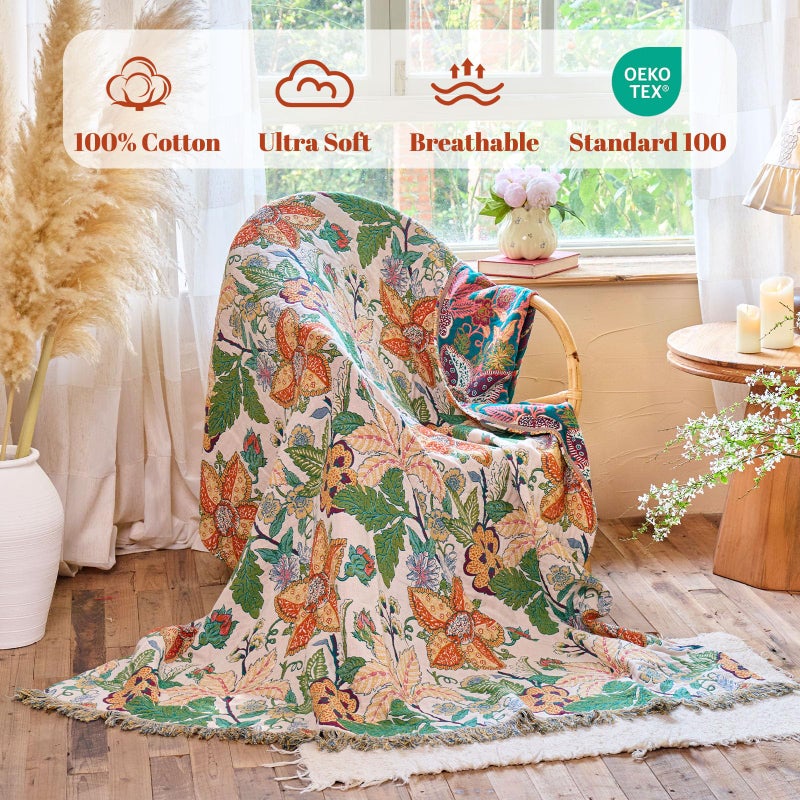 MSGKV Boho Throw Blanket for Bed Twin Size 100% Cotton Floral Blanket 60"x80" Lightweight Farmhouse Muslin Spring Breathable Couch Blankets Home Decor All Seasons - Image 2