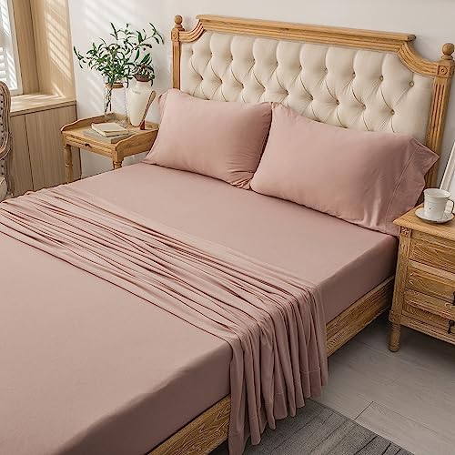 PURE ERA PURE ERA Jersey Knit 4pc Bed Sheet Set 100% T-Shirt Cotton Super Soft Comfy Breathable Fits Mattress Up to 20"" Extra Deep Pocket (Solid Petal Pink  Cal King)  - Image 5