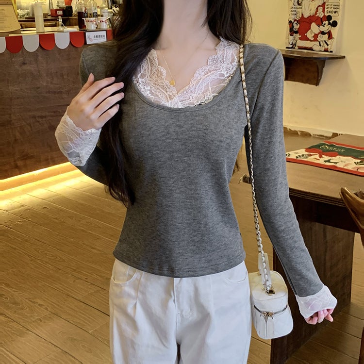All-Match Cashmere Lace Stitching Base Shirt Women'S Long-Sleeved T-Shirt De Velvet Slim-Fit Upper Body