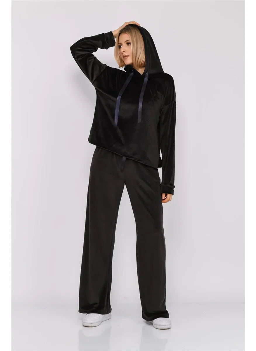 Nuseel Women's Soft Velvet Hooded Bottom Top Set Black