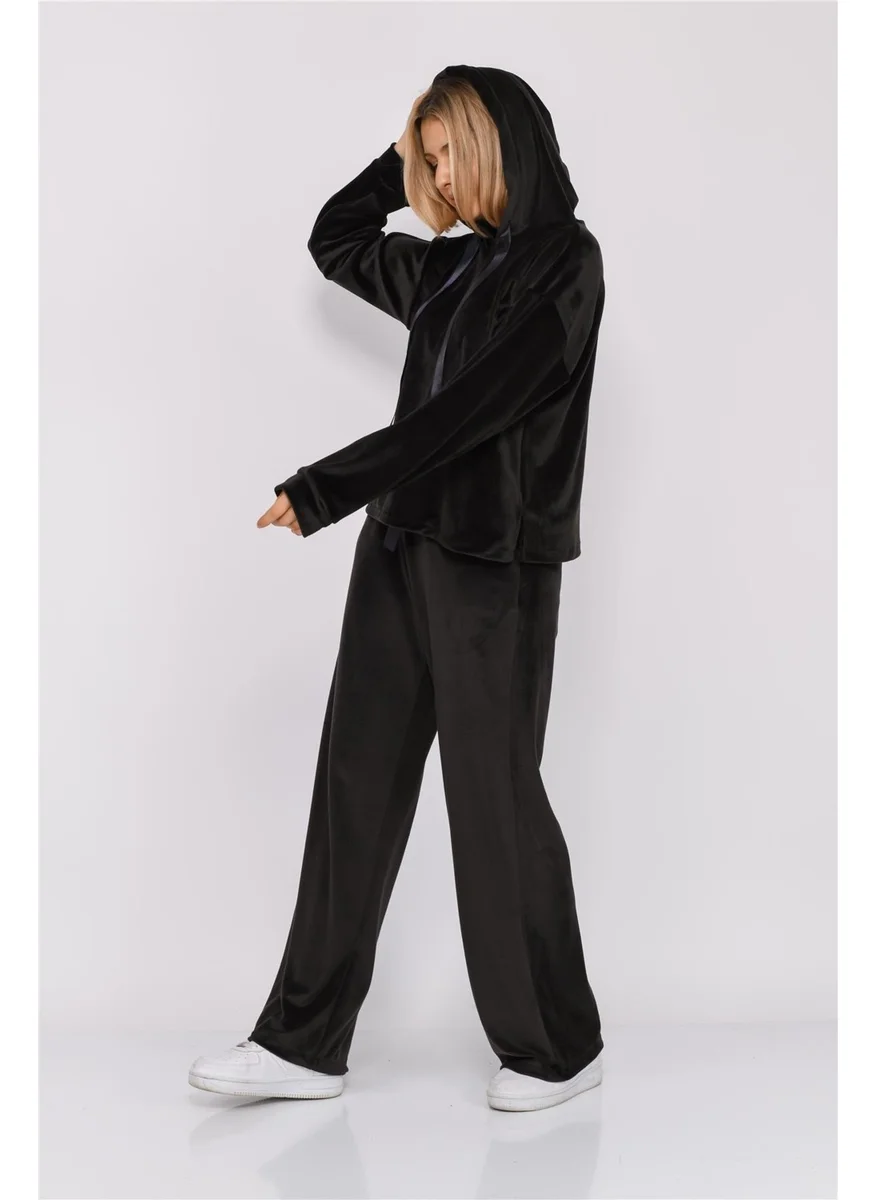 Nuseel Women's Soft Velvet Hooded Bottom Top Set Black