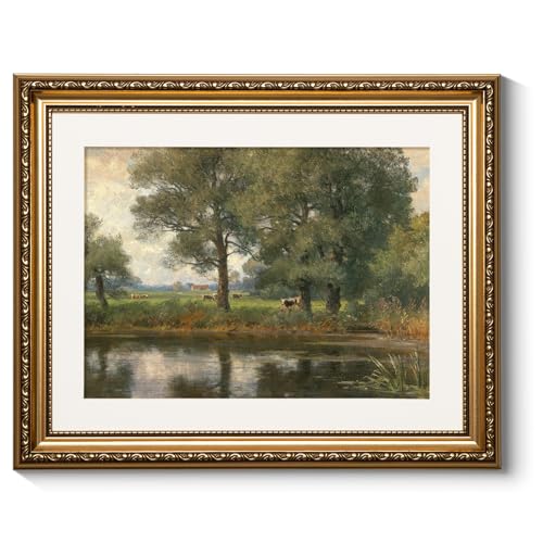 ARPEOTCY Vintage Gold Framed Wall Art Retro Riverside Landscape Paintings Canvas Prints Pictures Frame Artwork Victorian Wall Decor for Living Room Bedroom Bathroom 13x16 inch - Image 1
