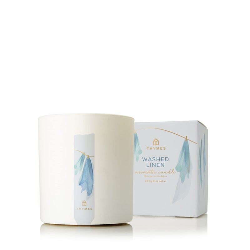 Thymes Washed Linen Candle - 8 oz Scented Candle for a Fresh Home Fragrance - Matte White Jar - Image 1