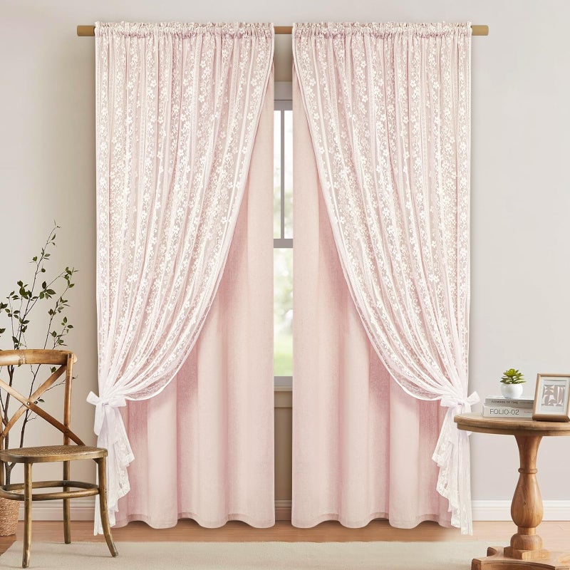 ASPMIZ Linen Pink Curtains for Bedroom, Double Layered Curtain 84 Inch Length 2 Panels Set, Farmhouse Rod Pocket Curtains & Drapes with Tiebacks, Light Filtering Curtain for Living Room, 52 x 84 Inch - Image 1