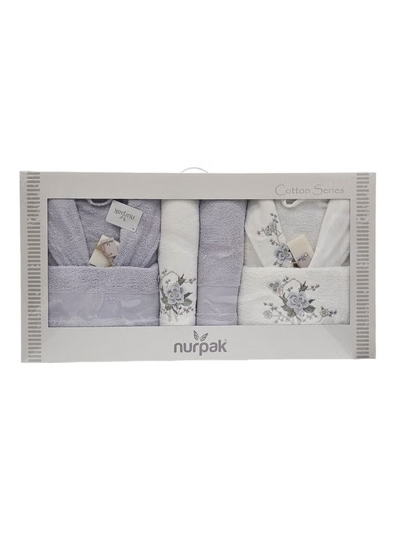 nurpak Luxury 10 Piece Couple Bathrobe Set 100% Turkish Cotton Robes & Bath/Hand Towels Set Premium Family Bathrobe Fragranced Bridal Shower Newlyweds Gift Set Grey/Off White - Image 2