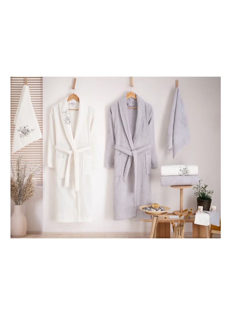 nurpak Luxury 10 Piece Couple Bathrobe Set 100% Turkish Cotton Robes & Bath/Hand Towels Set Premium Family Bathrobe Fragranced Bridal Shower Newlyweds Gift Set Grey/Off White - Image 1