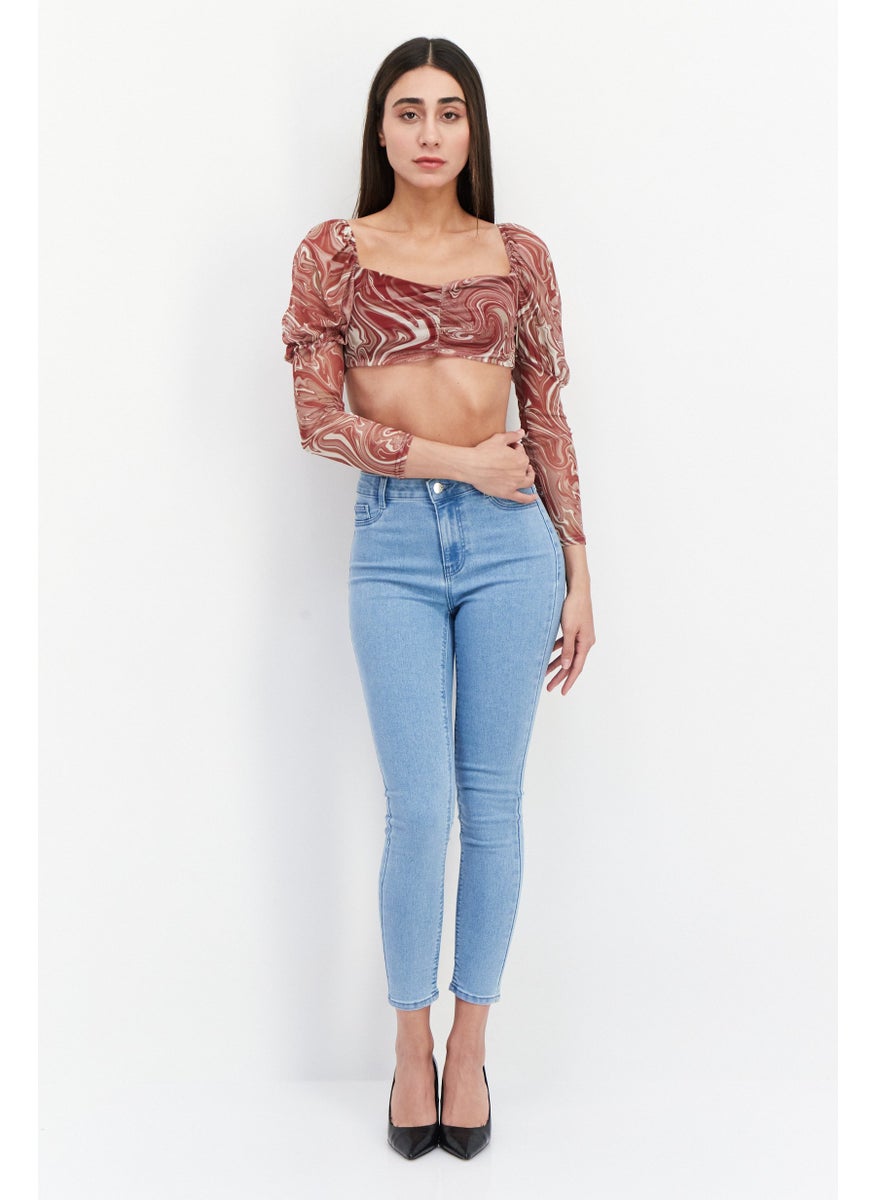 Missguided - Women Petite Square Neck Long Sleeve Abstract Print Crop Top, Maroon - Image 1