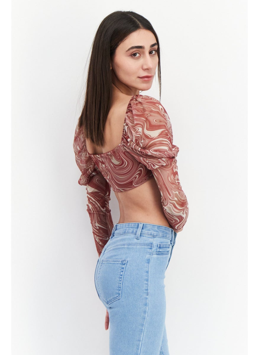 Missguided - Women Petite Square Neck Long Sleeve Abstract Print Crop Top, Maroon - Image 1