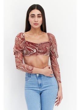 Women Petite Square Neck Long Sleeve Abstract Print Crop Top, Maroon