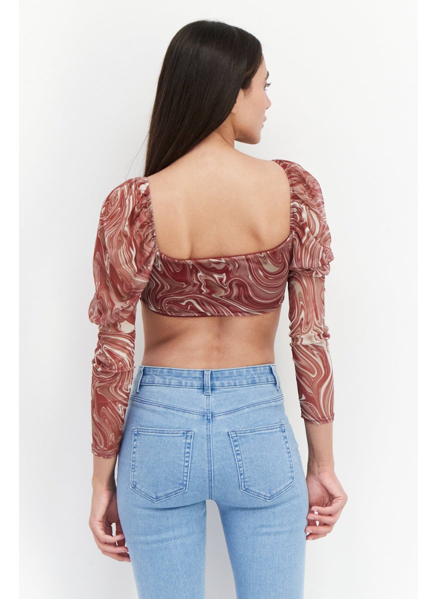 Missguided - Women Petite Square Neck Long Sleeve Abstract Print Crop Top, Maroon - Image 1