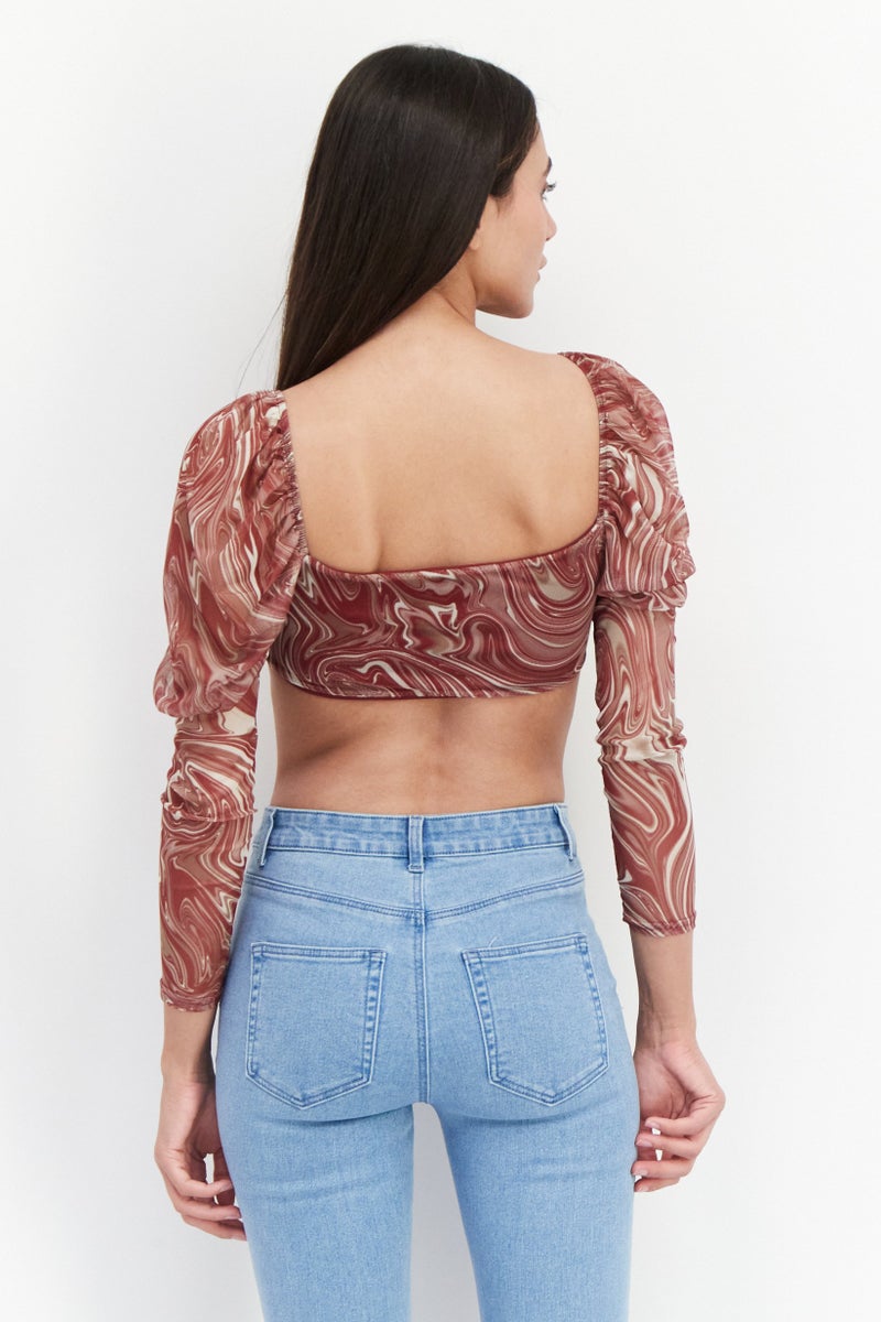 Missguided بلوزة قصيرة بأكمام طويلة وفتحة مربعة للنساء، مطبوعة بتصميم رخام، متعددة الألوان - Image 2
