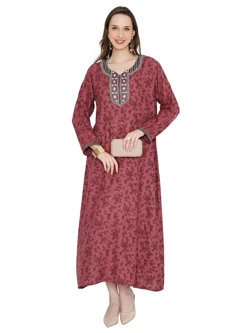 HANA & SARA ELEGANT FLORAL PRINTED WITH UNIQUE THREAD EMBROIDERY AND STONE WORK FARASHA JALABIYA KAFTAN