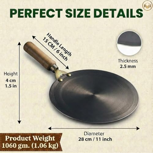 RBY 11 Inch (28 CM) Pure Iron Tawa for Dosa, Uttapam, Chilla, Roti, Chapati, Paratha, Gas & Induction Compatible Handmade Dosa Tava Strong Riveted Wooden Handle, Metal Spoon Friendly - Image 2