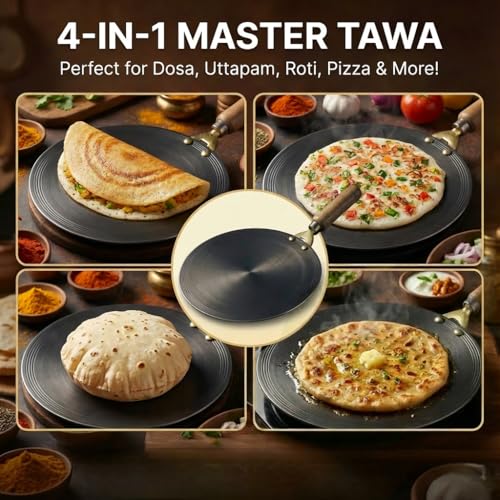 RBY 11 Inch (28 CM) Pure Iron Tawa for Dosa, Uttapam, Chilla, Roti, Chapati, Paratha, Gas & Induction Compatible Handmade Dosa Tava Strong Riveted Wooden Handle, Metal Spoon Friendly - Image 4