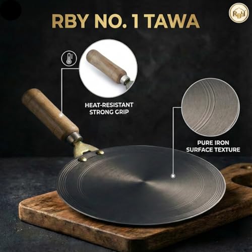 RBY 11 Inch (28 CM) Pure Iron Tawa for Dosa, Uttapam, Chilla, Roti, Chapati, Paratha, Gas & Induction Compatible Handmade Dosa Tava Strong Riveted Wooden Handle, Metal Spoon Friendly - Image 3