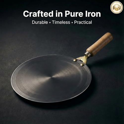 RBY 11 Inch (28 CM) Pure Iron Tawa for Dosa, Uttapam, Chilla, Roti, Chapati, Paratha, Gas & Induction Compatible Handmade Dosa Tava Strong Riveted Wooden Handle, Metal Spoon Friendly - Image 5