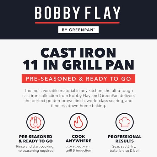 GreenPan x Bobby Flay Cast Iron 11” Square Grill Pan, Pre-Seasoned Professional Grade Heavy Duty Skillet, Helper Handles, Induction Suitable, Stovetop, Oven, BBQ & Fire, Indoor & Outdoor Use, Black - Image 5