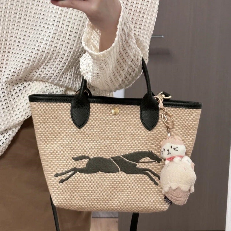 Longxiang Bag 24 Years New Model Horse Embroidered Straw Bag Satchel Woven Bucket Bag Single Shoulder Crossbody Bag - Image 2