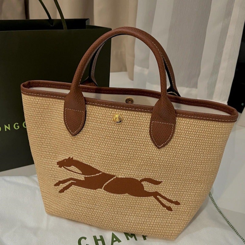 Longxiang Bag 24 Years New Model Horse Embroidered Straw Bag Satchel Woven Bucket Bag Single Shoulder Crossbody Bag - Image 3