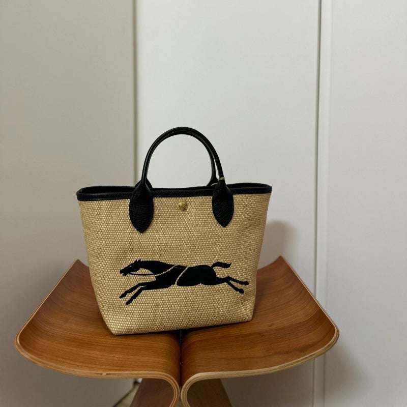 Longxiang Bag 24 Years New Model Horse Embroidered Straw Bag Satchel Woven Bucket Bag Single Shoulder Crossbody Bag - Image 4