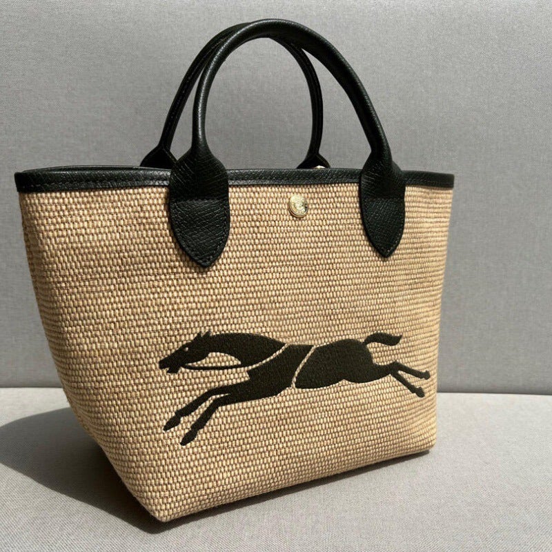 Longxiang Bag 24 Years New Model Horse Embroidered Straw Bag Satchel Woven Bucket Bag Single Shoulder Crossbody Bag - Image 5