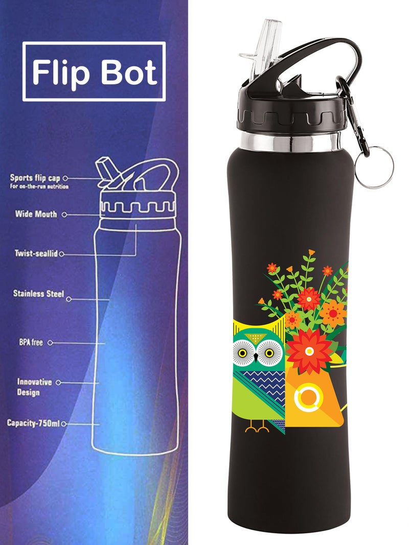 NIRLON Flip Bot Stainless Steel Rubber Finish Water Bottle With Straw Lid For Fridge, School,Gym,Home,Office,Boys, Girls, Kids, Leak Proof(Uv Printed Bottle|Floral Blue|Sipper Cap), 750 ML - Image 3