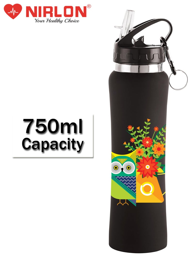 NIRLON Flip Bot Stainless Steel Rubber Finish Water Bottle With Straw Lid For Fridge, School,Gym,Home,Office,Boys, Girls, Kids, Leak Proof(Uv Printed Bottle|Floral Blue|Sipper Cap), 750 ML - Image 2