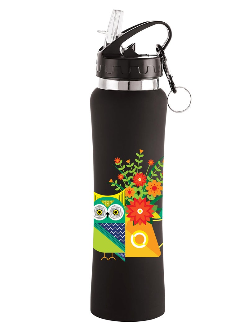 NIRLON Flip Bot Stainless Steel Rubber Finish Water Bottle With Straw Lid For Fridge, School,Gym,Home,Office,Boys, Girls, Kids, Leak Proof(Uv Printed Bottle|Floral Blue|Sipper Cap), 750 ML - Image 1