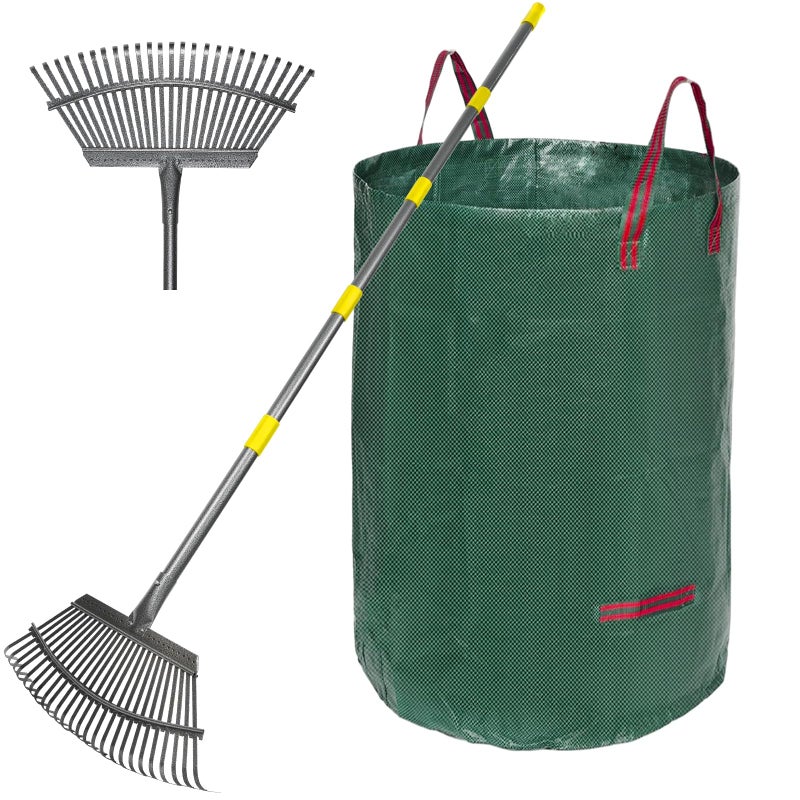 Serqd Adjustable Garden Rake for Leaves 36-73" Long Handle, 18" Wide, Heavy Duty with 25 Metal Tines ï¼ŒIncludes 32Gallon Leaf Bagsï¼ŒDesigned for Lawns, Grass, Shrubs ï¼ŒFlower Beds - Image 1