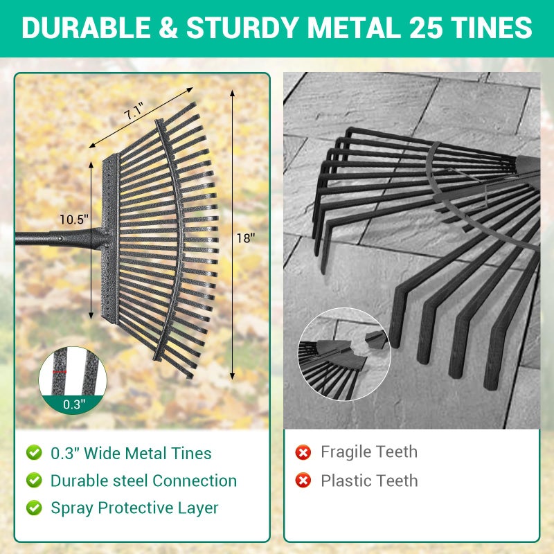 Serqd Adjustable Garden Rake for Leaves 36-73" Long Handle, 18" Wide, Heavy Duty with 25 Metal Tines ï¼ŒIncludes 32Gallon Leaf Bagsï¼ŒDesigned for Lawns, Grass, Shrubs ï¼ŒFlower Beds - Image 3