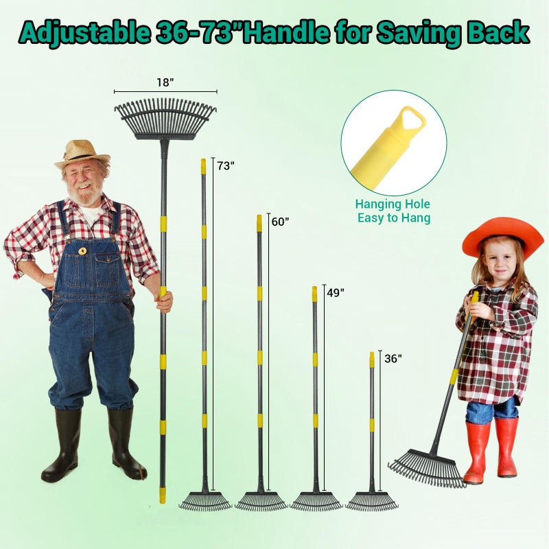 Serqd Adjustable Garden Rake for Leaves 36-73" Long Handle, 18" Wide, Heavy Duty with 25 Metal Tines ï¼ŒIncludes 32Gallon Leaf Bagsï¼ŒDesigned for Lawns, Grass, Shrubs ï¼ŒFlower Beds - Image 4