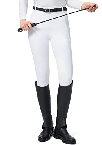 SANTINY Womens Horse Riding Pants with Zipper Pockets KneePatch Schooling Tights Equestrian Breeches for Women White_S - Image 1
