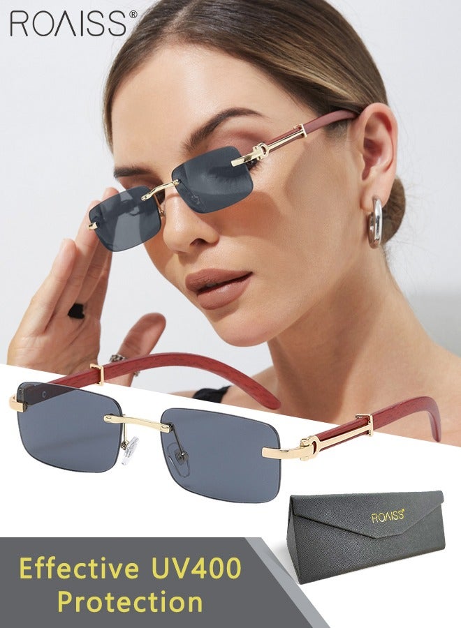 roaiss Women's Rectangular Rimless Sunglasses, UV400 Protection Sun Glasses with Wooden Texture Temples and Grey Lens, Fashion Anti-glare Sun Shades for Women with Glasses Case, 53mm  - Image 1